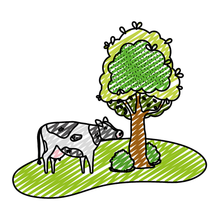 doodle cute cow farm animal next to tree vector illustrationのイラスト素材