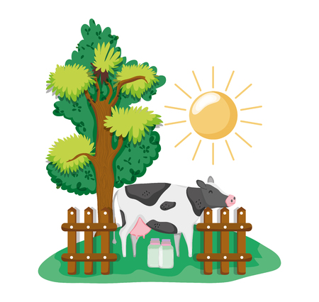 Beautiful farm cartoons with cow and milk bottles vector illustration graphic designのイラスト素材