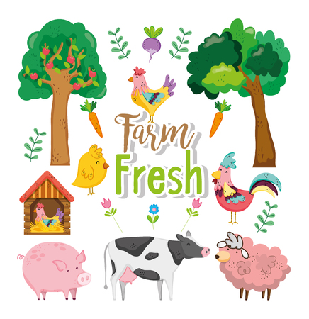 Cute farm fresh cartoons with animals vector illustration graphic designのイラスト素材