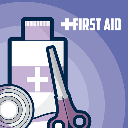 First aid medicine bottle with scissor and bandage roll vector illustration graphic designのイラスト素材