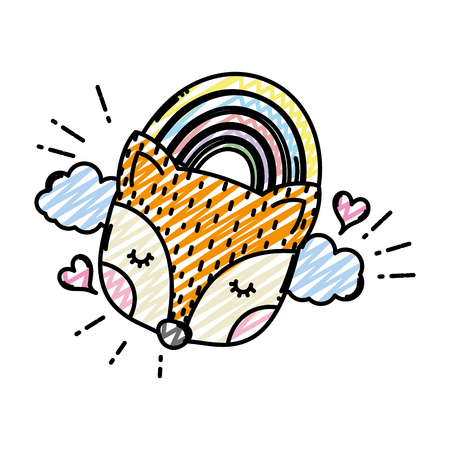 doodle fox head with rainbow clouds and heartsの写真素材