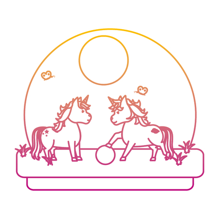 degraded line cute unicorns playing with ball in the landscape vector illustrationのイラスト素材