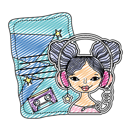 doodle woman with headphone and letter with casseste decorationの写真素材