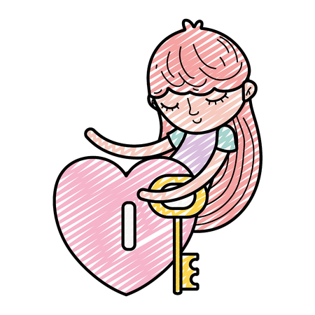 doodle child girl sleeping with heart padlock and key vector illustrationのイラスト素材