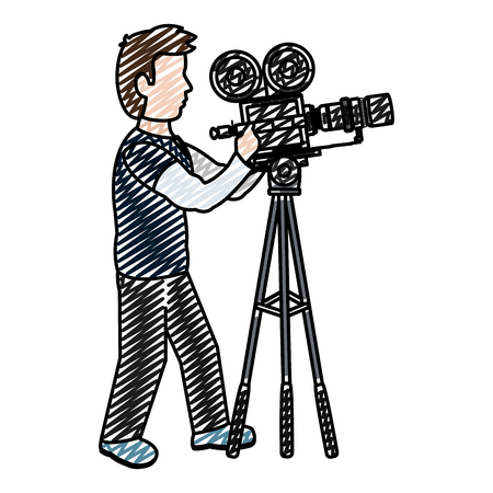 doodle professional cameraman with camcorder digital equipment vector illustrationのイラスト素材