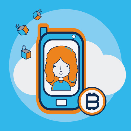 Woman with bitcoins and smartphone vector illustration graphic designのイラスト素材