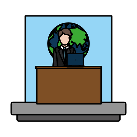 color professional man reporter news with laptop vector illustrationのイラスト素材