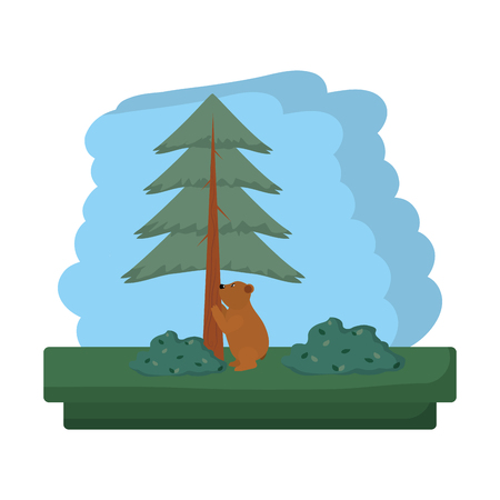 bear clombing pine tree in the forest vector illustrationのイラスト素材