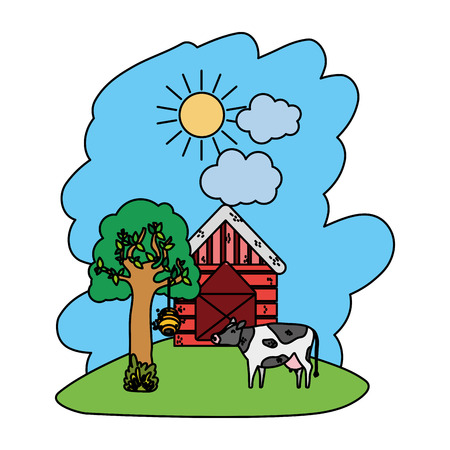 color house farm with cow animal and tree vector illustrationのイラスト素材