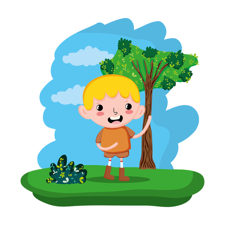 cute child boy in the forest reserve vector illustrationのイラスト素材