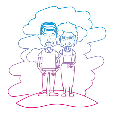 degraded line beauty woman and man couple in the landscape vector illustrationのイラスト素材