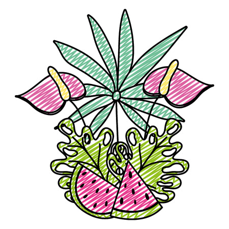 doodle flowers with branches plants and watermelon fruit vector illustrationのイラスト素材