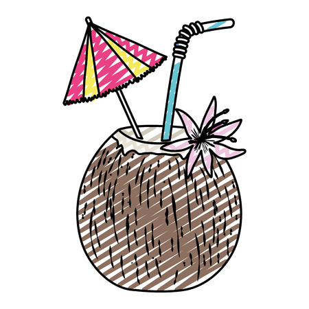 doodle fresh coconut beverage with umbrella and flower vector illustrationのイラスト素材