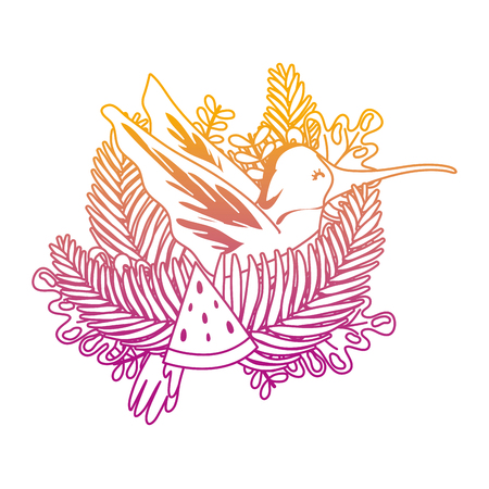 degraded line tropical plants leaves with exotic hummingbirdのイラスト素材