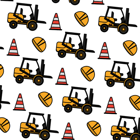 color forklift with traffic cone and helmet background vector illustrationのイラスト素材