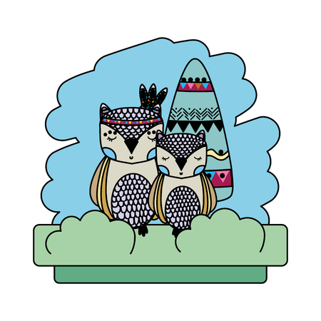 color tribal couple owl animal with feathers vector illustrationのイラスト素材