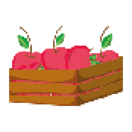 pixelated delicious apples fruits inside wood basket vector illustrationのイラスト素材