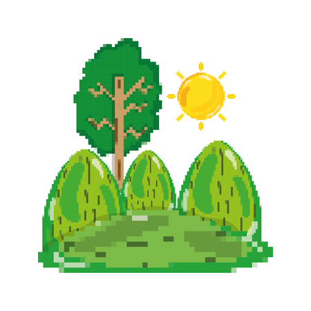 pixelated tropical mountains with tree and sunのイラスト素材