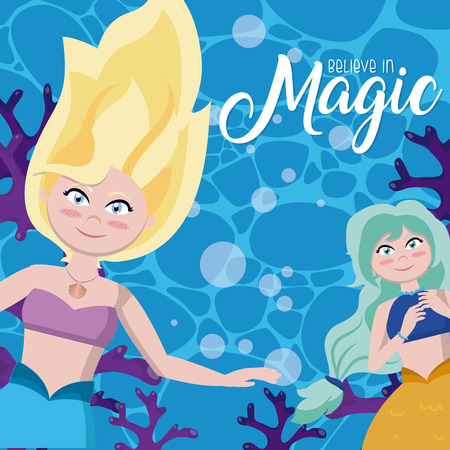 Believe in magic with beautiful mermaids under water cartoons vector illustration graphic designのイラスト素材