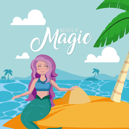Bealieve in magic with beautiful mermaid on island at sunny day cute cartoons vector illustration graphic designのイラスト素材