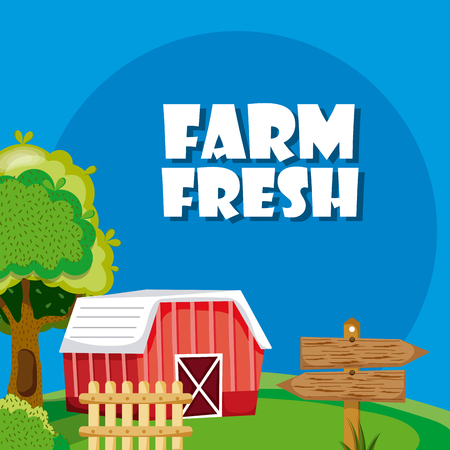 Farm fresh with wooden house and fence cartoons vector illustration graphic designのイラスト素材