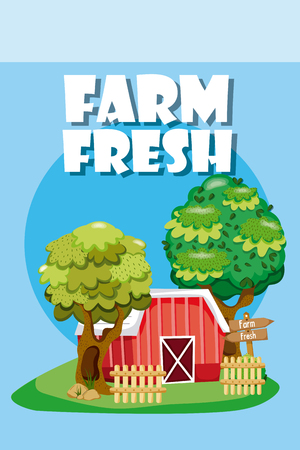 Farm fresh with wooden house and fence cartoons vector illustration graphic designのイラスト素材