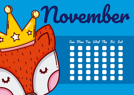 november and fox cute calendar cartoon vector illustration graphic designのイラスト素材