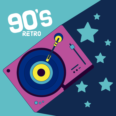 90s retro cartoons with vinyl turntable vector illustration graphic designのイラスト素材