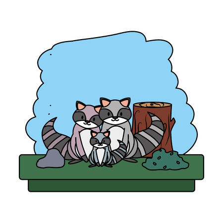 color family raccoon wild animal reserve vector illustrationのイラスト素材