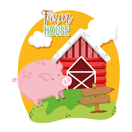 Farm fresh house and pig with wooden sign cartoons vector illustration graphic designのイラスト素材