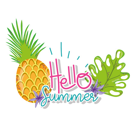 Hello summer pineapple and leaves cartoons vector illustration graphic designのイラスト素材
