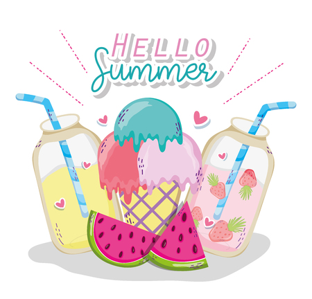 Hello summer card with ice cream and juice jars cartoons vector illustration graphic designのイラスト素材