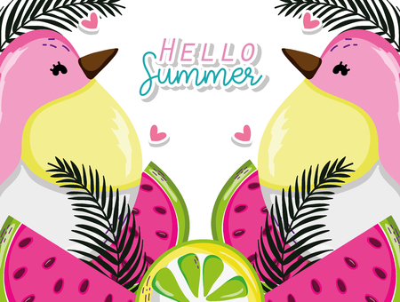 Hello summer card with exotic birds cartoons vector illustration graphic designのイラスト素材