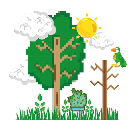 Cute forest with exotic birds pixelated scenery vector illustration graphic designのイラスト素材
