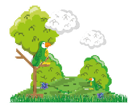 Cute forest with exotic birds pixelated scenery vector illustration graphic designのイラスト素材