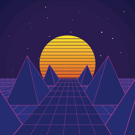 Retro Sci fi sun and mountains background scenery vector illustration graphic designのイラスト素材