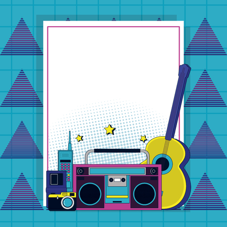 Pop art blank frame with 90s technology devices cartoons vector illustration graphic designのイラスト素材
