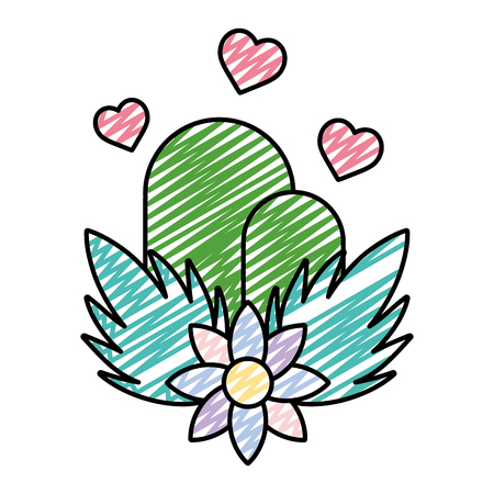 doodle ecology mountains with hearts and flowers plants vector illustrationのイラスト素材
