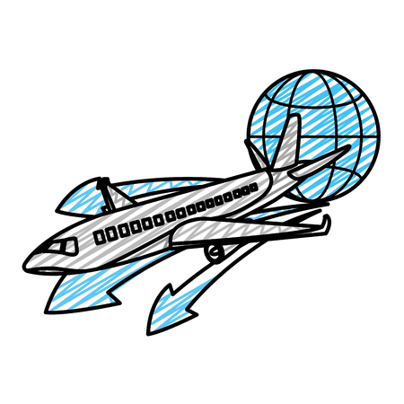 doodle travel airplane transport with global symbol vector illustrationのイラスト素材