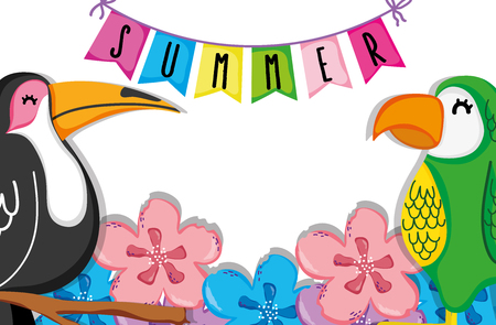 Hello summer cartoons with colorful exotic birds vector illustration graphic designのイラスト素材