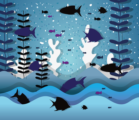 Paper art undersea scenery with fishes and seaweed vector illustration graphic designのイラスト素材