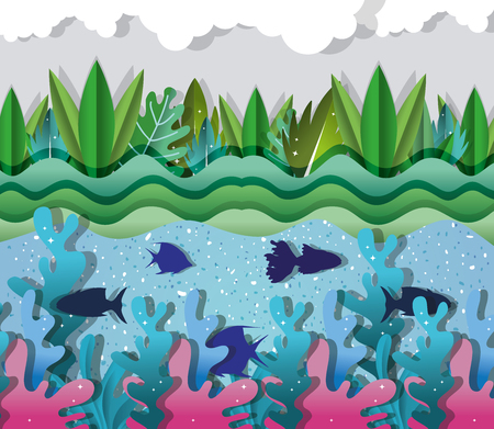 Paper art undersea fishes and seaweed cartoons vector illustration graphic designのイラスト素材