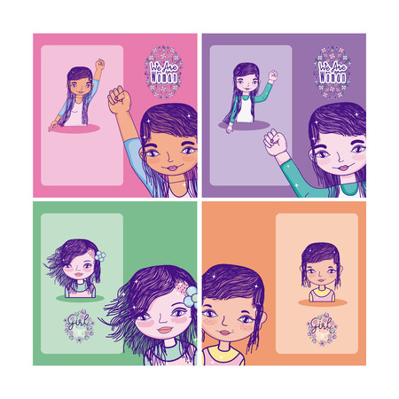 Girl power cartoons cards collection vector illustration graphic designのイラスト素材