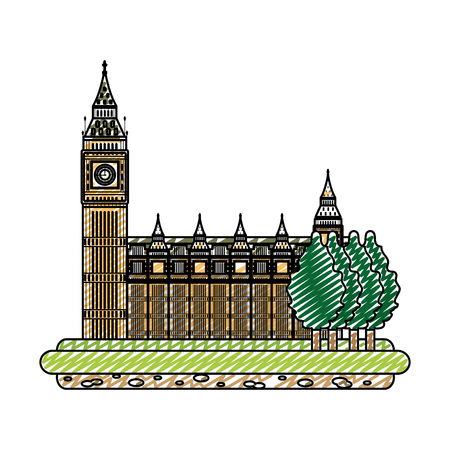 doodle london clock tower with trees landscapeのイラスト素材
