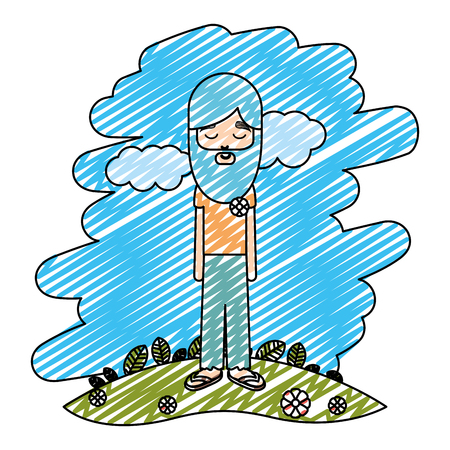 doodle hippie man with long beard in the landscape vector illustrationのイラスト素材