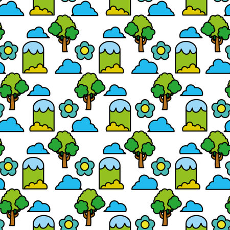 color trees with mountains and bushes plants background vector illustrationのイラスト素材