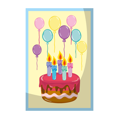 frame with cake candles and balloons birthday vector illustrationのイラスト素材