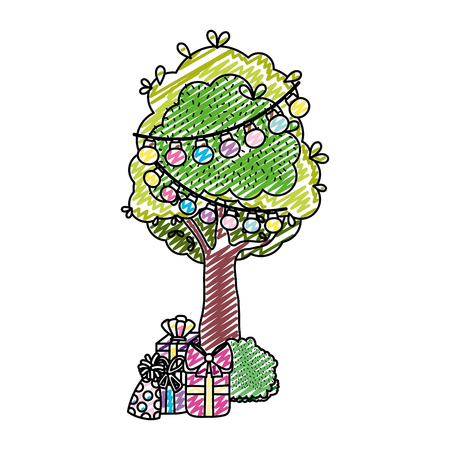 doodle tree with bulbs hanging and presents boxes vector illustrationのイラスト素材