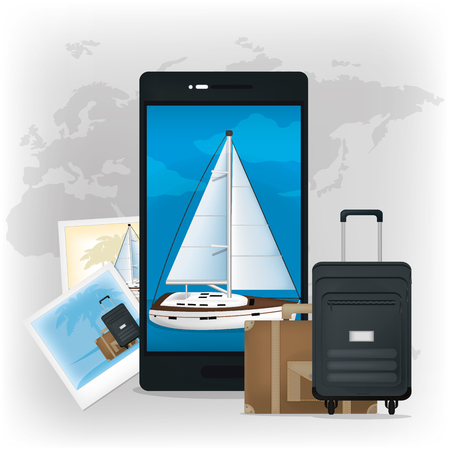 Vacations and travel smartphone sailboat and luggage elements vector illustration graphic designのイラスト素材