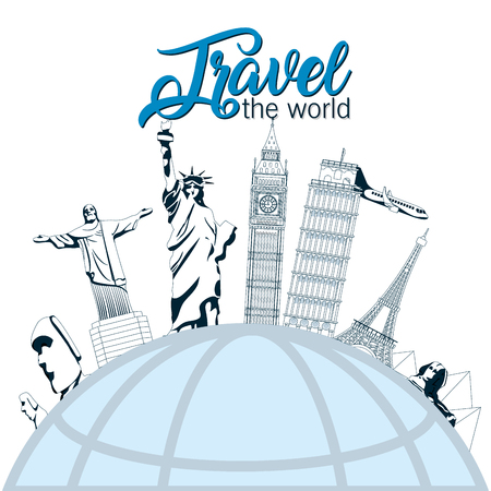 Travel the world with monuments on sphere vector illustration graphic designのイラスト素材